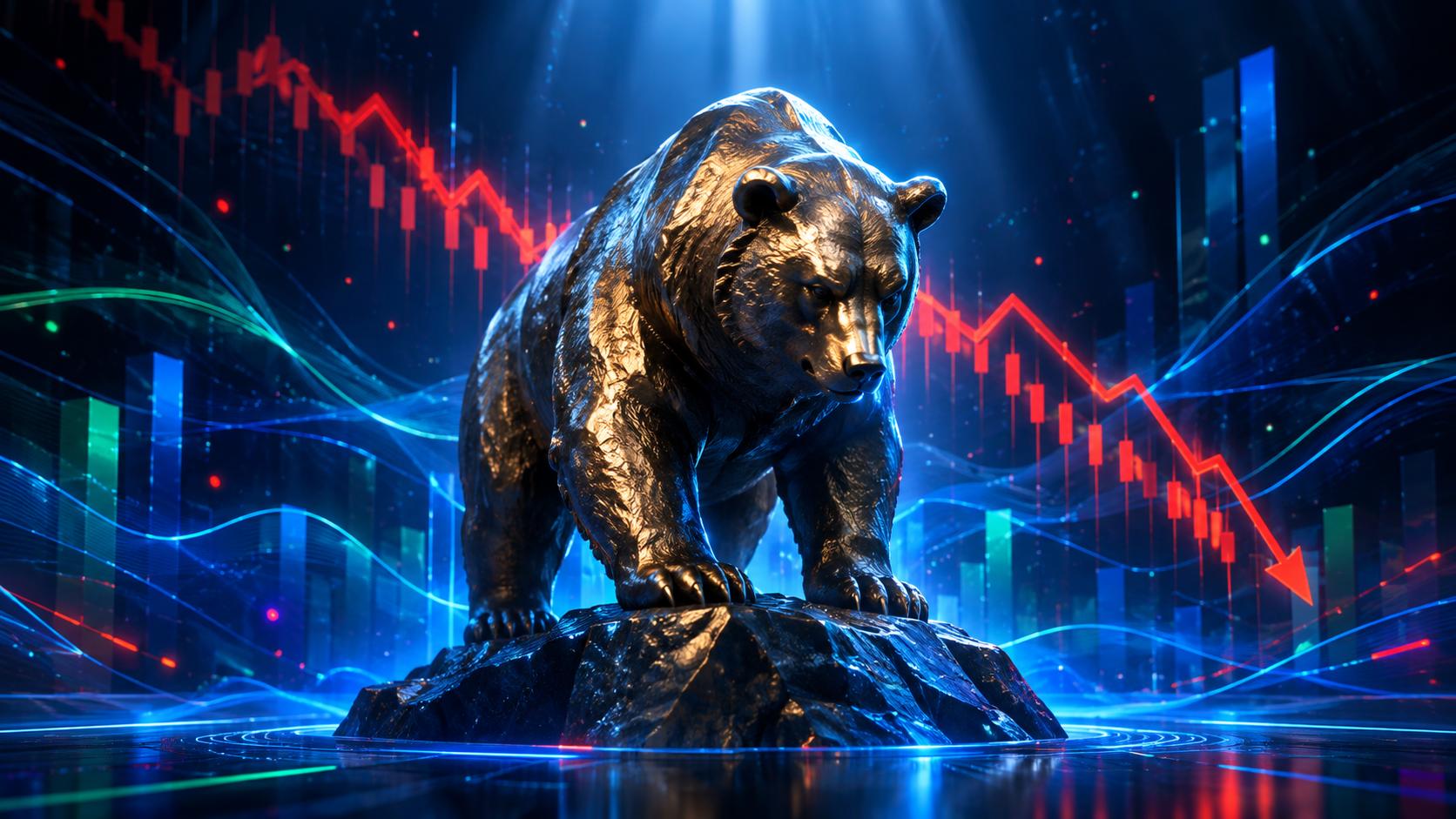Bronze bear statue with a descending red chart behind it