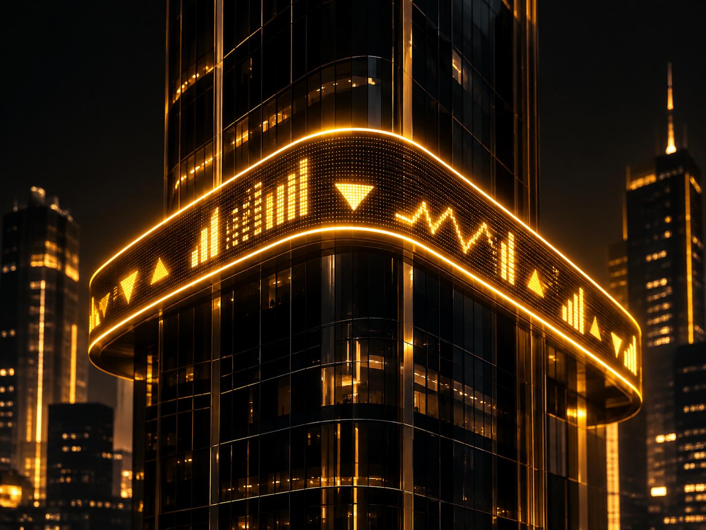 Glowing led stock ticker tape with abstract symbols scrolling across a building